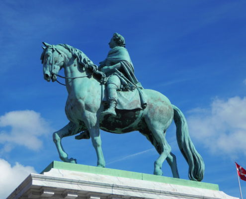 Statue by the French sculptor Jacques Saly of King Frederik V on Horseback at the Amalienborg Square, Copenhagen, Denmark