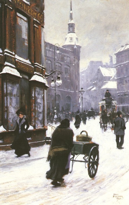 Paul Fischer. A Street Scene In Winter near Kultorvet. Copenhagen
