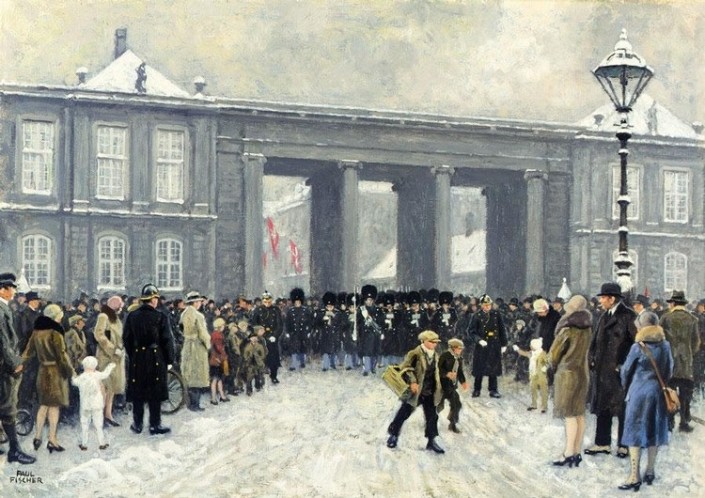 Paul Fischer. Guards walking into the square of Amalienborg Palace, Copenhagen