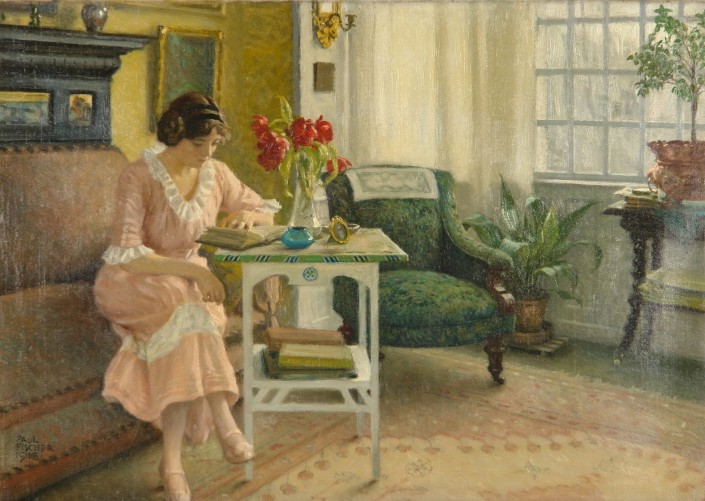 Paul Fischer. The artist's wife Musse reading at home in Sofievej