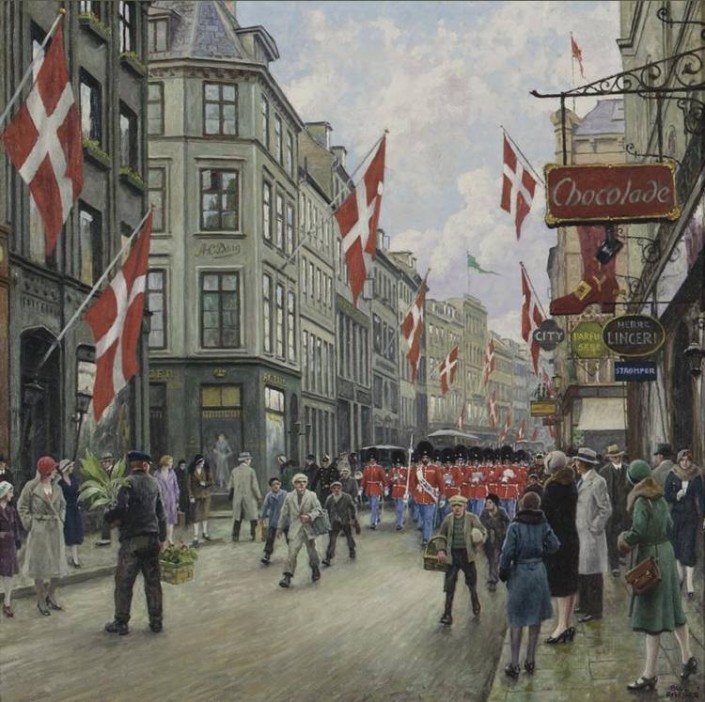 Paul Fischer. The King's Guard parades in the streets of Copenhagen
