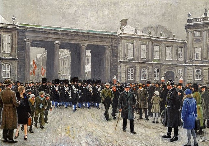 Paul Fischer. The King's Guards in Amalienborg Square, Copenhagen