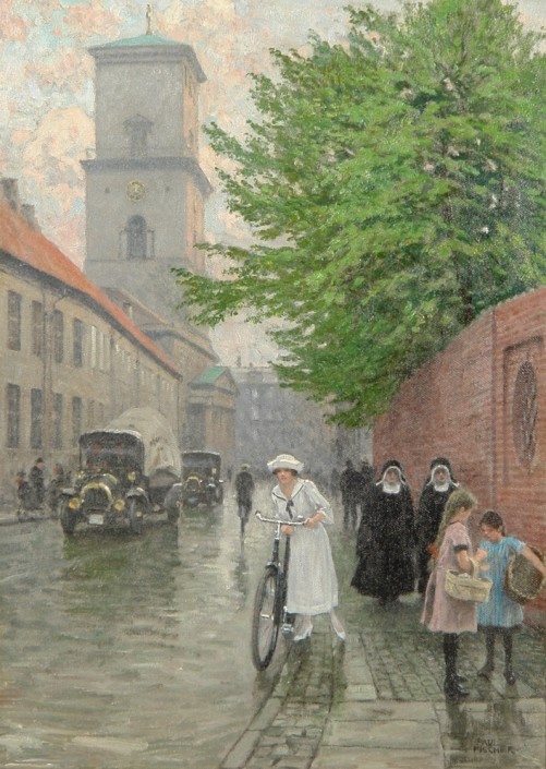 Paul Fischer. Young girl on a bicycle in Nørregade, in the background the Cathedral