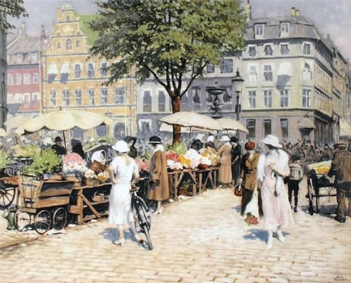 Poul Fischer. Højbro Plads and Amagertorv in summer, Copenhagen