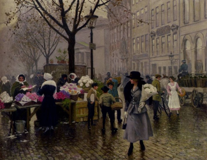 Poul Fischer. The Flower Market at Højbro Plads, Copenhagen
