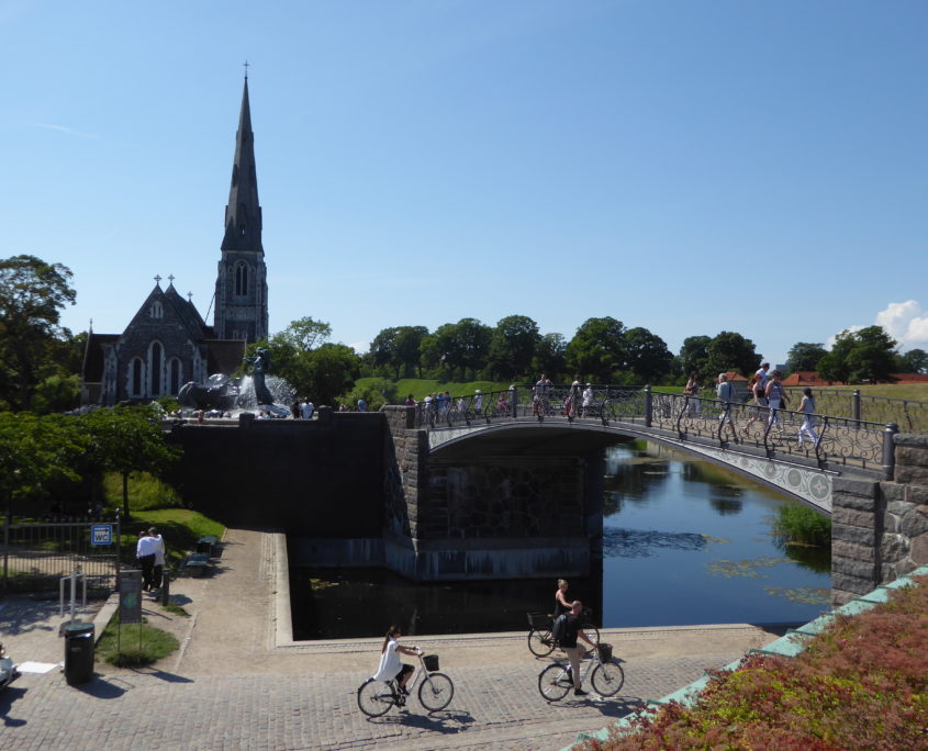 Gefion bridge with St. Alban's English Church and the Gefion fountain at Langelinie, Copenhagen, Denmark