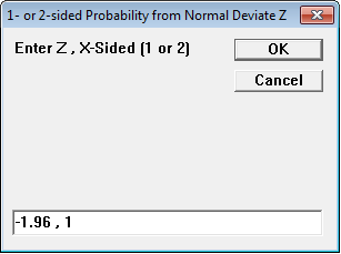 Enter normal deviate and 1 for one-sided or 2 for two-sided probability calculation
