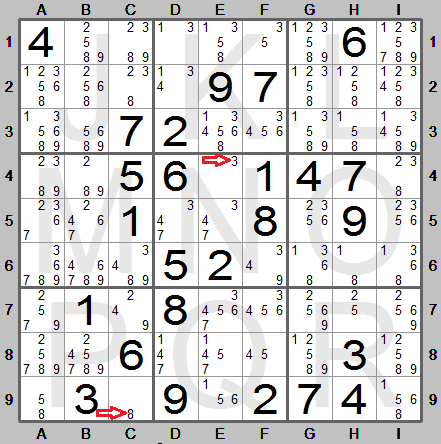 All candidate digits and squares with single candidates shown in the Sudoku Instructions program