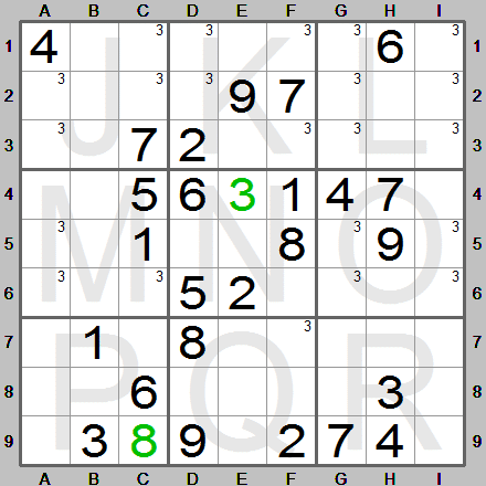 Candidate table with only 3 displayed in the Sudoku Instructions program