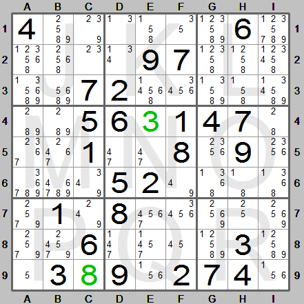 Candidate table with two single candidates entered as digits in the Sudoku Instructions program