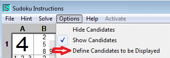 Define candidates to be displayed menu item in the Sudoku Instructions program