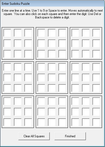 Enter sudoku puzzle window in the Sudoku Instructions program