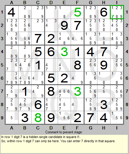 Hidden single candidate located by the Sudoku Instructions program with candidate table displayed