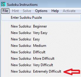 Make new extremely difficult sudoku menu item in Sudoku Instructions