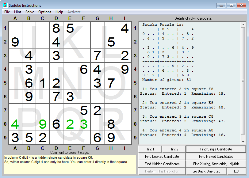 Playing board in normal size of the Sudoku Instructions Program by ECstep