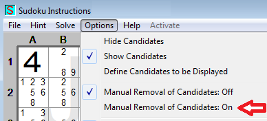 Set manual removal of candidates on in the Sudoku Instructions program with candidate table displayed