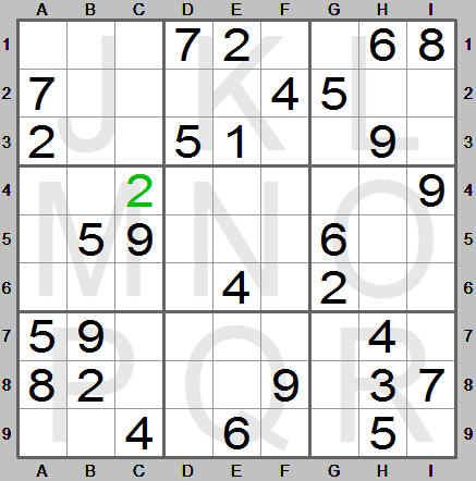 Single candidate digit 2 placed in square C4 in Sudoku Instructions program