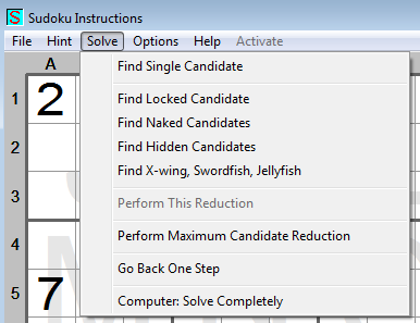 Solving features including methods of candidate reduction in the Sudoku Instructions program