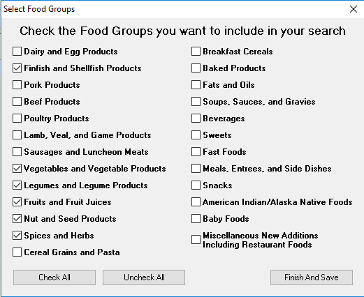 Select Food Groups In ECstep's Personal Nutrition Data Program