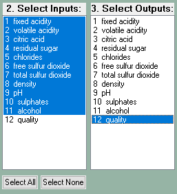 Select Inputs and Outputs in ECstep's Neural Network Program