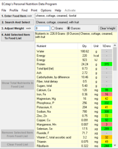 List of Nutrients in 8 ounces of creamed cottage cheese with fruit displayed using ECstep's Personal Nutrition Data Program